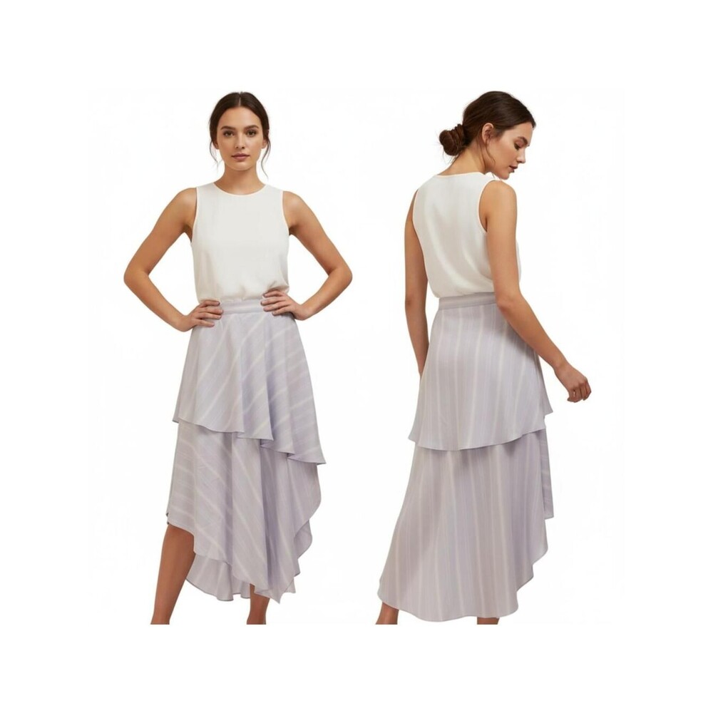 BCBGMaxAzria White Stripe Asymmetrical Wrap Midi Skirt